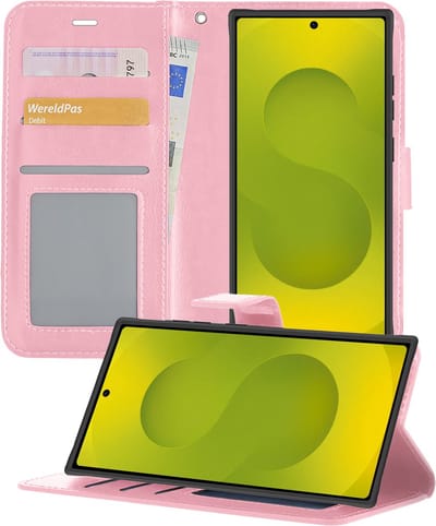 Hoesje - Met Pasjeshouder - Geschikt voor Samsung Galaxy S25 Ultra - Luxe Bookcase Portemonee - Flip Case - Kunstleer Book Case - Flipcase - Book Cover - Walletcase - Portemonneehoes - Telefoonhoesjes - Lichtroze