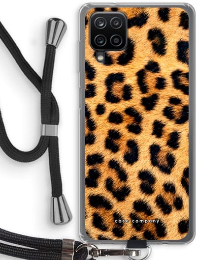 Case Company® - Hoesje met koord geschikt voor Samsung Galaxy A12 hoesje met Koord - Luipaard - Telefoonhoesje met Zwart Koord - Bescherming aan alle Kanten en Over de Schermrand
