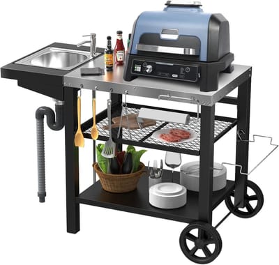 Grill Trolley met Spoelbak 107 x 63 x 81 cm, Ideaal voor Buiten, Barbecue en Pizza Oven, Weerbestendig en Ruim Ontwerp