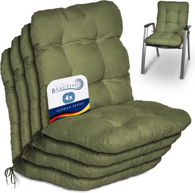 Beautissu Flair NL Stoelkussen Set 4x Lage Rugleuning 100x50x8 cm Olijfgroen – Tuinstoelkussen