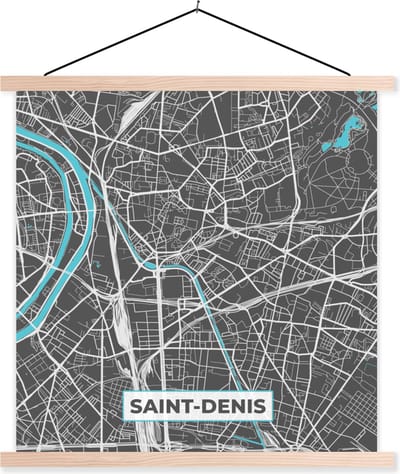 Posterhanger incl. Poster 40x40 cm - Schoolplaat - Saint-Denis - Frankrijk - Stadskaart - Kaart - Plattegrond - Textielposter - Blanke latten - Stadskaart