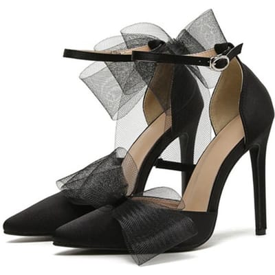 Nouveaux Escarpins Sandales à Bout Pointu et Bride à Boucle pour Femmes Mode Nœud en Satin Été Talons Hauts Stiletto Chaussures de Fête Bal 37 noir