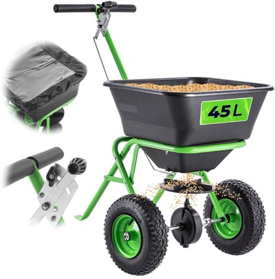 KADAX strooier 45 l met wielen, meststrooier voor gazonszaad, gazonmest, gazonkalk & strooizout, zoutstrooier, zaadstrooier voor gazononderhoud & winterdienst