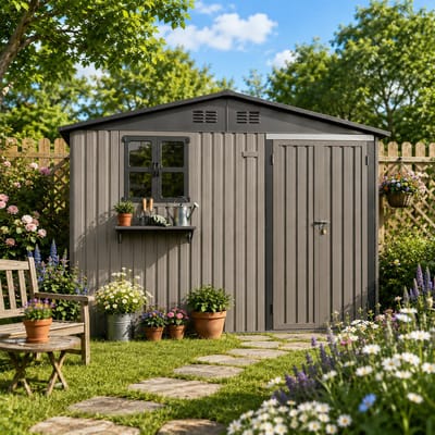 Multifunctionele tuinhuis - Metaal Gereedschapsschuur - Outdoor Tuinopslag - Tuinhuis met Schuin Dak - 313x255x199 cm - Met te openen ramen - Met Afsluitbare deur - Weerbestendig - Voor Achtertuin, Terras en Grasveld - Bruin
