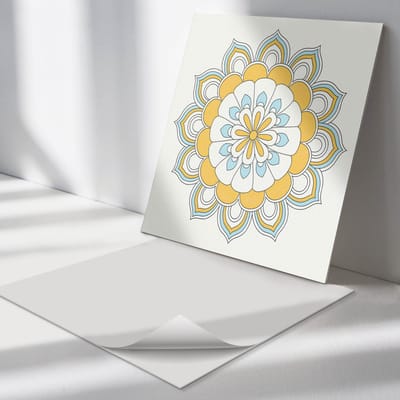 Wallfluent Vinyl Tegels - Bloemenmandalapatroon Vinyl Wandtegels - 30 cm x 30 cm - Geel PVC Tegels - 9 stuks - Vierkant PVC Tegels - Patroon Plaktegels - Wand PVC Tegels - Plaktegels Keuken en Badkamer