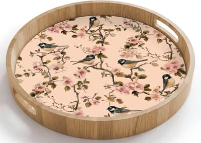 Dienblad rond 40x40 cm - Schootdienblad hout - Bloesem - Koolmees - Roze - Borrelplank rechthoek - Plateau houten dienbladen