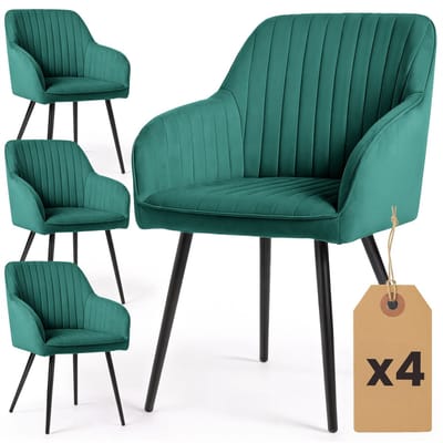 Set van 4 Eetkamerstoelen FLORENCE met Armleuningen / Gestoffeerde Stoelen / Fluwelen Stoelen en Metalen Poten / Flesgroen met zwarte benen