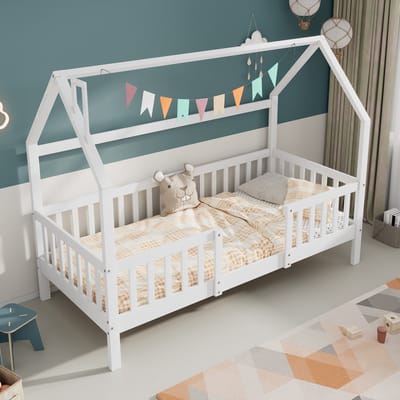 REDOM Luxe Huisbed 'Montessori' (90x200) - Kinderbed / Peuterbed met Uitvalbeveiliging & Schoorsteen - Wit Grenenhout