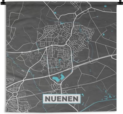 Wandkleed - Wanddoek - Plattegrond - Nuenen - Grijs - Blauw - 90x90 cm - Wandtapijt - Stadskaart