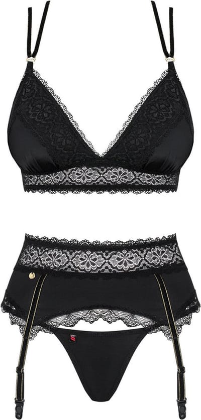 Obsessive Lolitte BH met Jarretel & String - Erotische Lingerieset - Maat L/XL - Zwart