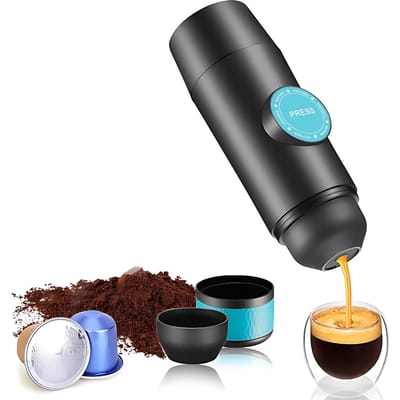 Draagbare elektrische espressomachine, draadloos verwarmend, dubbelserveer-minikoffiezetapparaat met blauw
