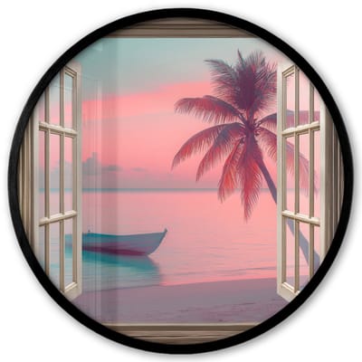 Poster in lijst Rond - Fotolijst 40x40 cm - Posters - Doorkijk - Strand - Palmboom - Tropisch - Ronde posterlijst zwart - Decoratie - Wanddecoratie woonkamer - Muurdecoratie slaapkamer