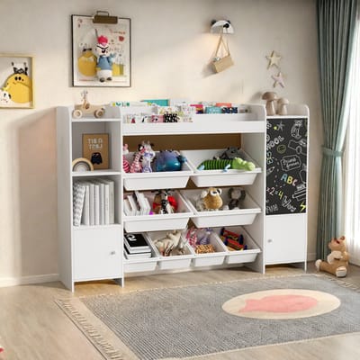 Speelgoedkast Wit 137x94,5x30 cm – Speelgoedopberger met 8 Opbergboxen, Boekenkast, Krijtbord en 2 Opbergkasten