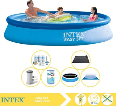 Intex Rond Opblaasbaar Easy Set Zwembad - 366 x 76 cm - Blauw - Inclusief Pomp - Solarzeil - Onderhoudspakket - Filter - Grondzeil - Solar Mat - 7-delig