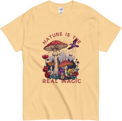 Tshirt met Paddenstoelen en Maan - Natuur Quote - Spiritueel Boho T Shirt - Dames Heren - Geel - S