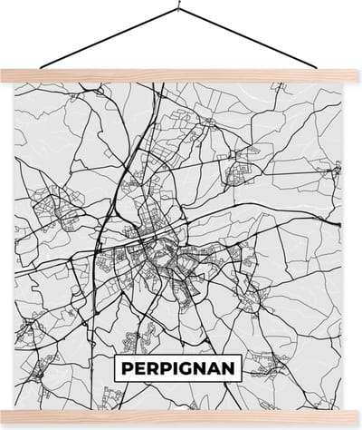 Posterhanger incl. Poster 40x40 cm - Schoolplaat - Plattegrond - Kaart - Stadskaart - Frankrijk - Perpignan - Textielposter - Blanke latten - Stadskaart