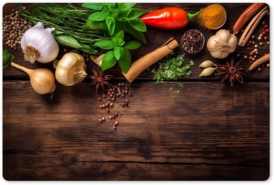 Placemats 45x30 cm - Placemat kunststof - 1 stuk - Knoflook - Kruiden - Groente - Specerijen - Hout print - Stilleven - Borden onderleggers - Decoratie voor op tafel - Keuken tafeldecoratie accessoires - Vinyl onderlegger - Tafelversiering