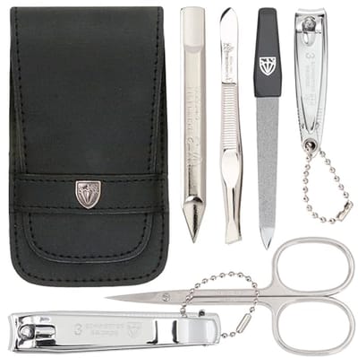 DREI SCHWERTER - Germany 6-delige manicureset 'Massa' | Manicure nagelset in zwart etui echt leer | Inhoud: huidschaar, nagelknipper, voetnagelknipper, saffier nagelvijl, pincet, nagelreiniger