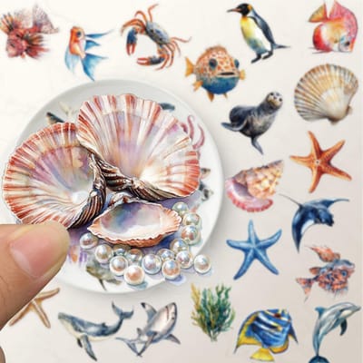 50PCS Stickers Double Transparence Biologie Marine Exquis Manuel d'Animaux Marins Coque de Téléphone Ordinateur Portable Bouteille d'Eau