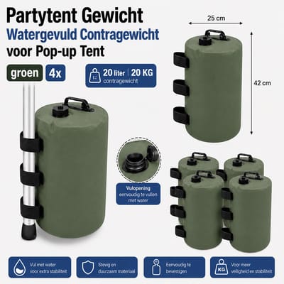 4 Stuks 20L-20KG Partytent Pop-up tent Paviljoen Contra Gewichten Watergevuld 20 Liter / 20 KG Contragewicht – Set van 4-GROEN