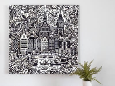 Doodle amsterdam schilderij | Kleurrijke grachtenhuizen en tulpen in Amsterdamse doodle kunststijl | Kunst - 40x40 centimeter op Dibond | Foto op Dibond