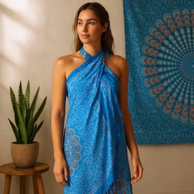 Mandala Sarong - Blauw met Oranje - Omslagdoek - Pareo - Hamamdoek - 140x100cm