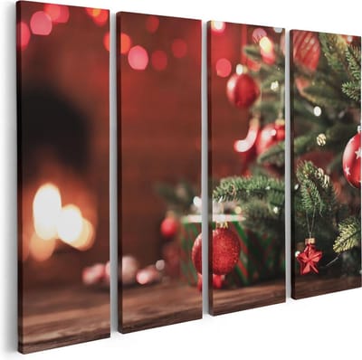 Artaza Canvas Schilderij Vierluik Kerstboom Met Rode Lichtjes En Kerstballen - 80x60 - Foto Op Canvas - Canvas Print