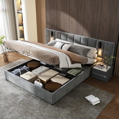 Tweepersoonsbed 160x200 cm met opbergruimte, volwassen bed met verstelbare lamp en USB-oplader, breed hoofdeinde met schuimvulling(Matras niet inbegrepen)