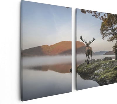 Artaza Canvas Schilderij Tweeluik Hert Bij Een Meer - 80x60 - Foto Op Canvas - Canvas Print