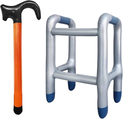 Thijox - Opblaasbaar Loopframe en Wandelstok Set - Grappig Kostuumaccessoire voor Oma of Opa - Ideaal voor Carnaval, Verjaardag of Pensionering - Leuk
