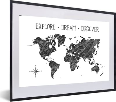 Poster in lijst - Fotolijst 60x40 cm - Posters - Wereldkaart - Quote - Windroos - Posterlijst zwart - Decoratie - Wanddecoratie woonkamer - Muurdecoratie slaapkamer