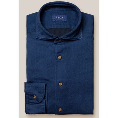 Eton Overhemd Satin Indigo Uni Garment Washed Donker Blauw / male
