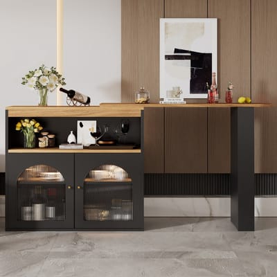 MODFU Uitrekbare Bartafel 138-193×39×105 cm Zwart MDF – 360° Draaibaar, Opbergruimte, Instelbare LED