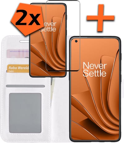 Hoes - Met 2x Screenprotector - Geschikt voor OnePlus 10 Pro - Luxe Pasjeshouder - Bookcase Portemonee - Flip Case - Kunstleer Book Case - Flipcase Hoes - Book Cover - Walletcase - PortemonneeHoes - Wit