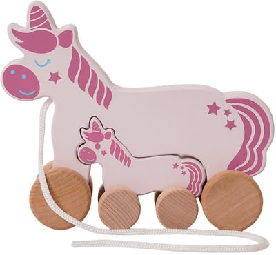 Speelgoedtopdeals - Houten Trekdier Eenhoorn 2-delig - Unicorn - Roze - Motoriek Speelgoed