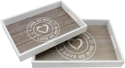 2-Piece Wooden Tray Set - Vintage Decorative Boards in 2 Sizes - White, Printed Serving Trays - Shabby Chic Decorative Bowls with Carry Handles (02 Pieces - I Love My Home)