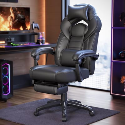 Gamestoel - Ergonomische Gamingstoel met Voetensteun - Verstelbare Hoofdsteun en Lendensteun - Zwarte Bureaustoel voor Kantoor en Gamen - Tot 150 kg Draagvermogen