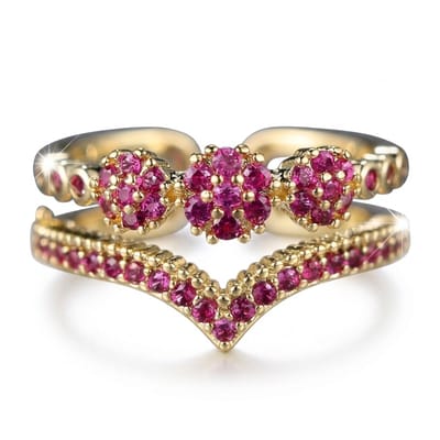 Goudkleurige ring dames aanschuifring open ring dubbele laag V vorm bloemen design roze steentjes verstelbare ring minimalistische sieraden