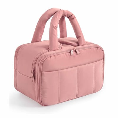 Reistoilettas, grote damestoilettas, lichtgewicht make-uptas met handvat, accessoires, benodigdheden, toiletartikelen in roze.