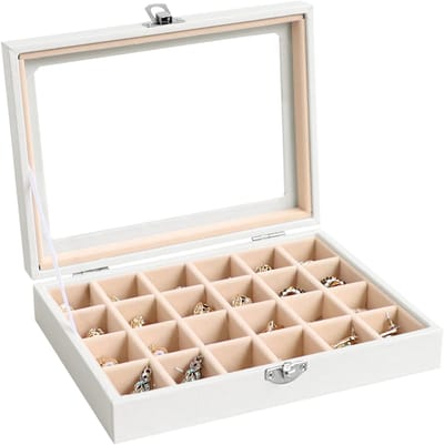 KZQ Sieradendoos - Opbergdoos met deksel - Sieradenorganizer - Opbergdoos - Bureau-organizer - Geschikt voor ringen, oorbellen, kettingen en andere sieraden - Met deksel - Geschikt voor vrouwen en meisjes (24 vakjes, gebroken wit)