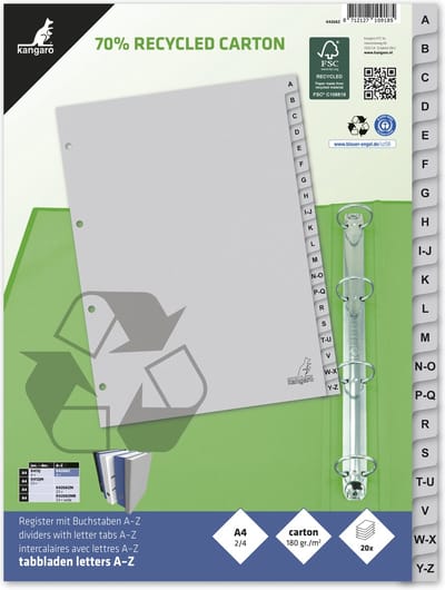 Kangaro tabbladen - A4 - 20-delig met alfabet - ECO karton 180 grams - 4-gaats
