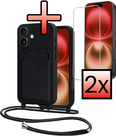 Hoes Geschikt voor iPhone 16 Plus Hoesje Pasjeshouder Cover Met Koord Case Siliconen Hoes Met Telefoonkoord en Kaarthouder Met 2x Screenprotector - Zwart