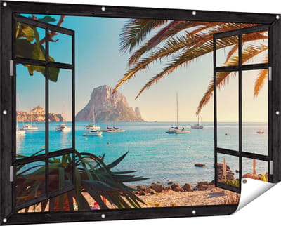 Gards Tuinposter Doorkijk Ibiza Cala d'Hort Strand - 150x100 cm - Tuindoek - Tuindecoratie - Wanddecoratie buiten - Tuinschilderij