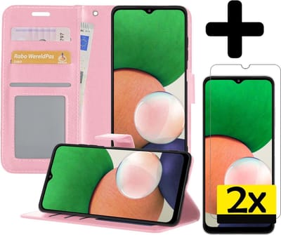 Hoesje - Met 2x Screenprotector - Geschikt voor Samsung Galaxy M22 - Luxe Pasjeshouder - Bookcase Portemonee - Flip Case - Kunstleer Book Case - Flipcase Hoes - Book Cover - Walletcase - Portemonneehoes - Telefoonhoesjes - Lichtroze