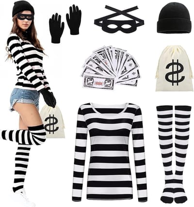 Volwassenen Burglar Kostuum Set met T-Shirt, Hoed en Handschoenen voor Carnaval en Themafeesten