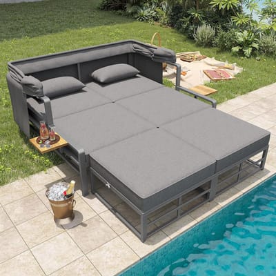 Tuinligbed voor 2 Personen 178x130x127 cm met Dak en Ligfunctie – Verstelbare Loungeset Outdoor, Weerbestendig, Inclusief Dikke Kussens en Tafeltjes – Donkergrijs C – Nicolehome