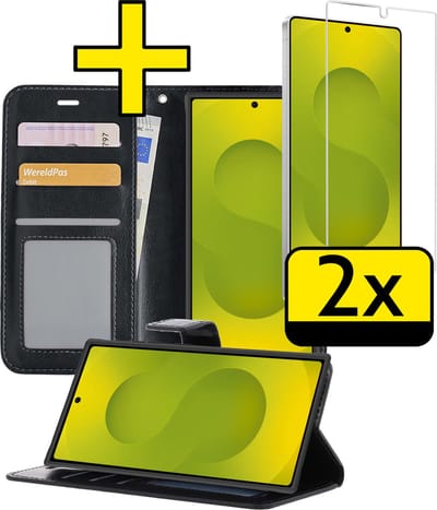 Hoesje - Met 2x Screenprotector - Geschikt voor Samsung Galaxy S25 Ultra - Luxe Pasjeshouder - Bookcase Portemonee - Flip Case - Kunstleer Book Case - Flipcase Hoes - Book Cover - Walletcase - Portemonneehoes - Telefoonhoesjes - Zwart
