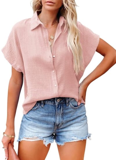 Dames Blouse Katoen Korte Mouwen V-hals Casual Tuniek