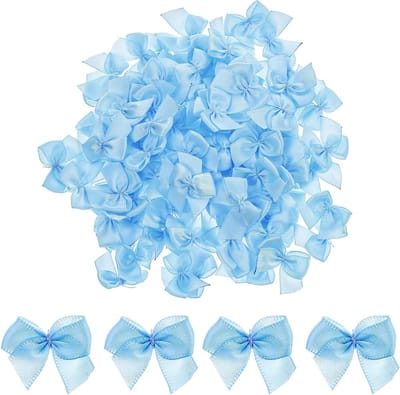 Kleine Satijnen Strikjes voor Creatieve Projecten, 100 Stuks Mini Blauwe Strikken met Bloemen en Applicaties, Ideaal voor DIY, Scrapbooking en Trouwen