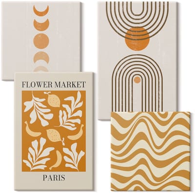 Wallfluent Set van canvas schilderijen - Modeposters met bloemen- en geometrische patronen Canvas Schilderijen Set - Set van 4 Canvas Schilderijen - Oranje Set van Canvas Prints - Achtergronden en patronen Canvas Kunst Set - Boheemse Canvas Kunst Set